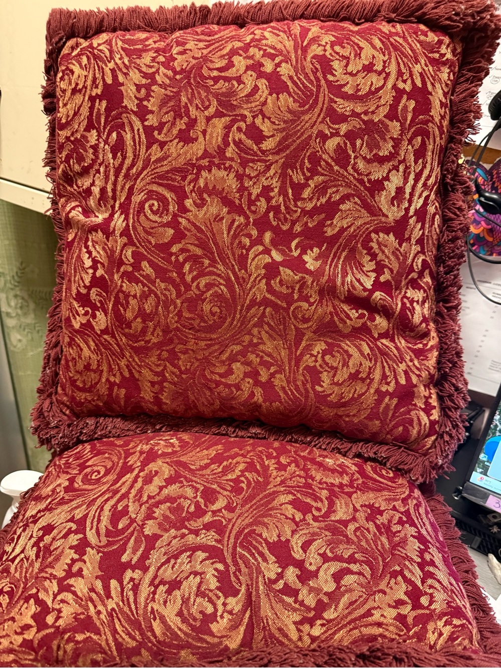 Elegant2  Red and Gold Damask Fringe Toss Pillow - Home Accents